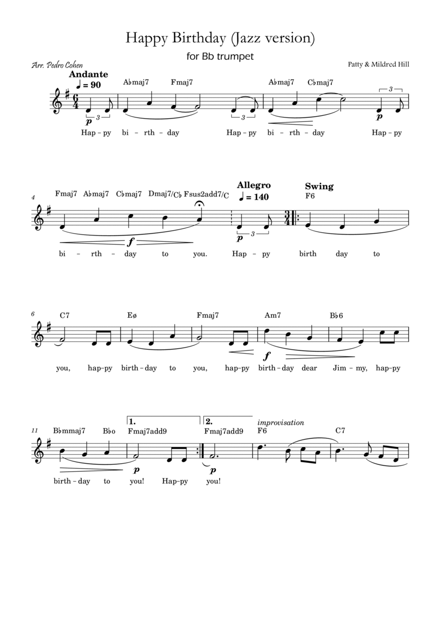 Happy Birthday (jazz version) B-Flat Trumpet scores gallery preview page 1