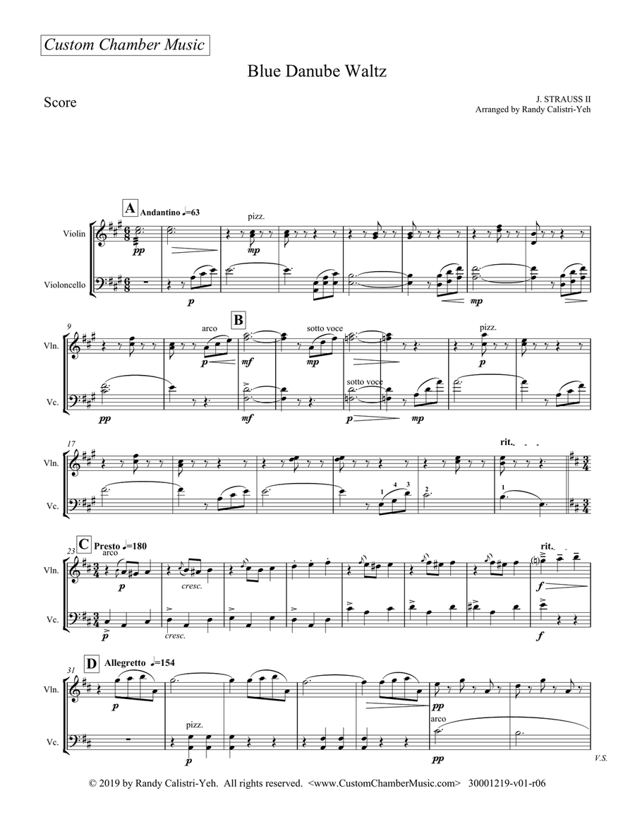 Strauss Blue Danube Waltz (violin/cello duet) String Duet scores gallery preview page 3