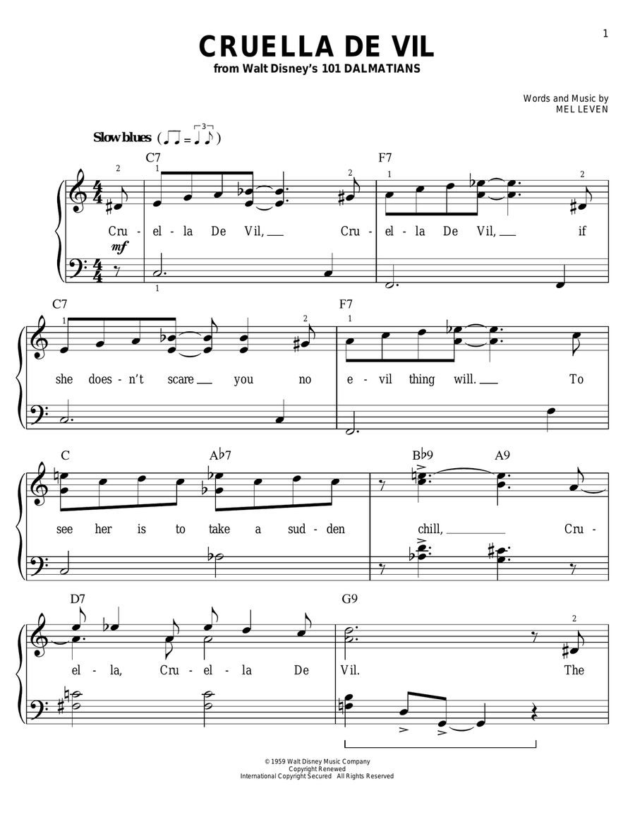 Cruella De Vil (from 101 Dalmations) Easy Piano scores gallery preview page 1