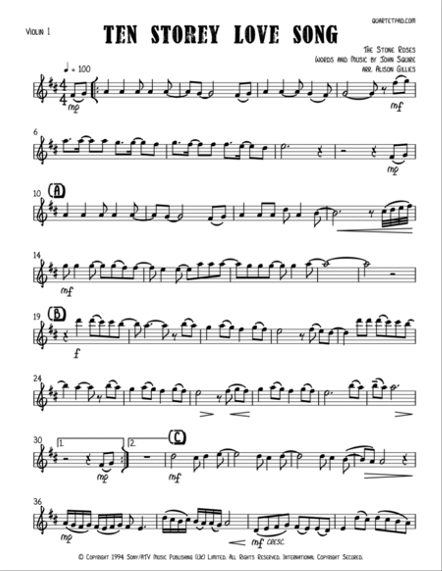 Ten Storey Love Song String Quartet scores gallery preview page 6