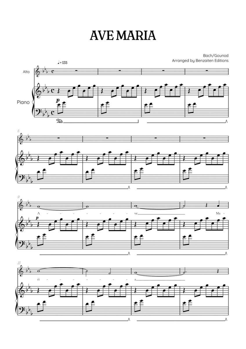 Bach / Gounod Ave Maria in E flat major [Eb] • contralto sheet music with piano accompaniment image number null