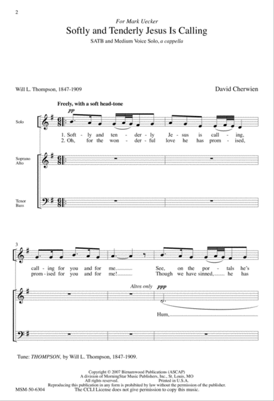 Softly and Tenderly Jesus Is Calling 4-Part scores gallery preview page 2