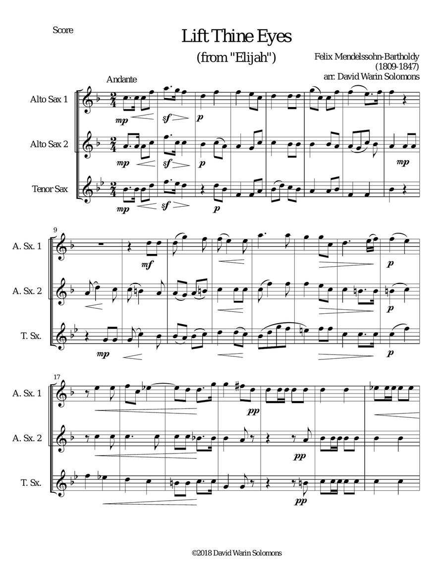 Lift thine eyes (from Elijah) for 3 saxophones Lift thine eyes (from Elijah) for 3 saxophones Woodwind Duet scores gallery preview page 1