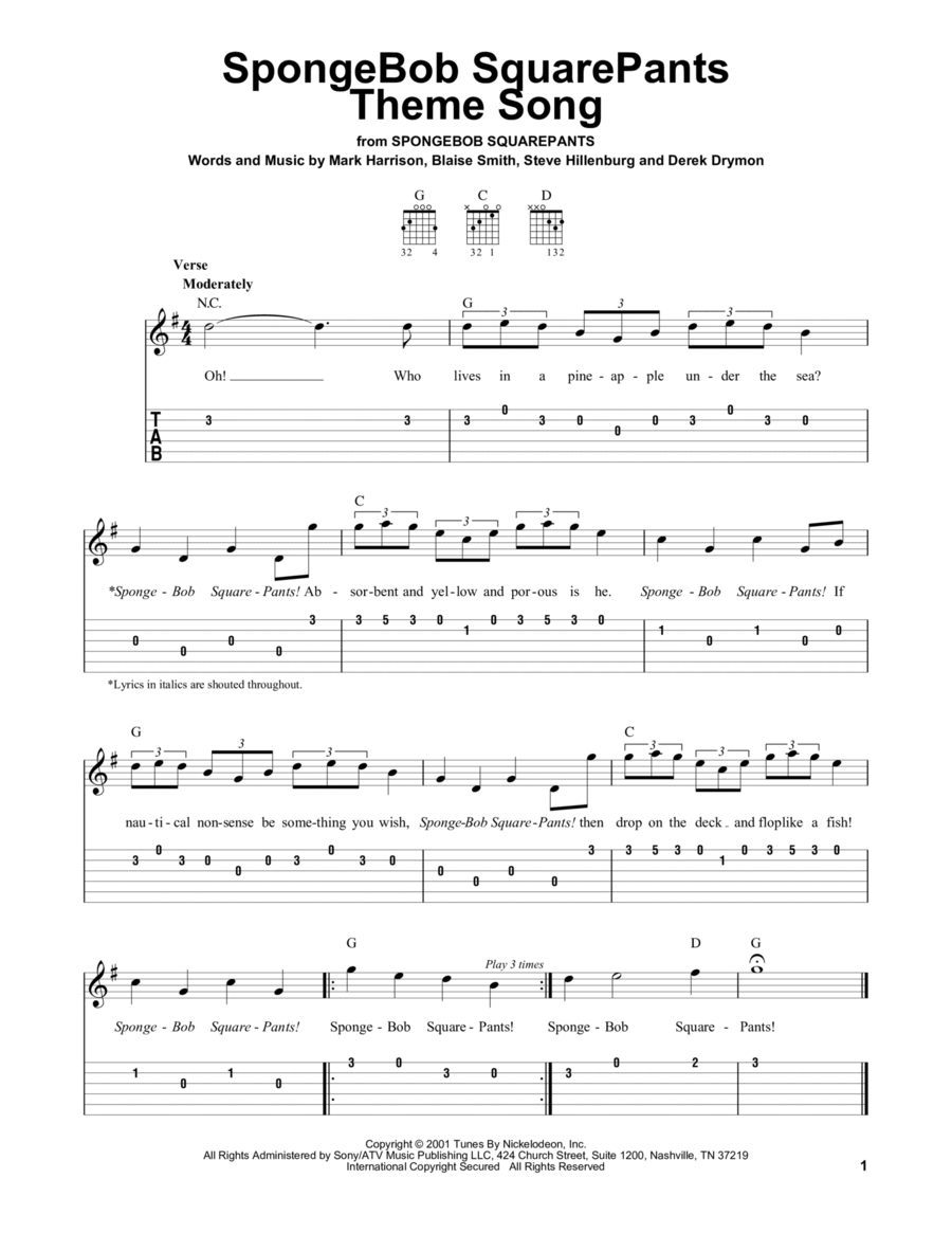 SpongeBob SquarePants Theme Song Acoustic Guitar scores gallery preview page 1