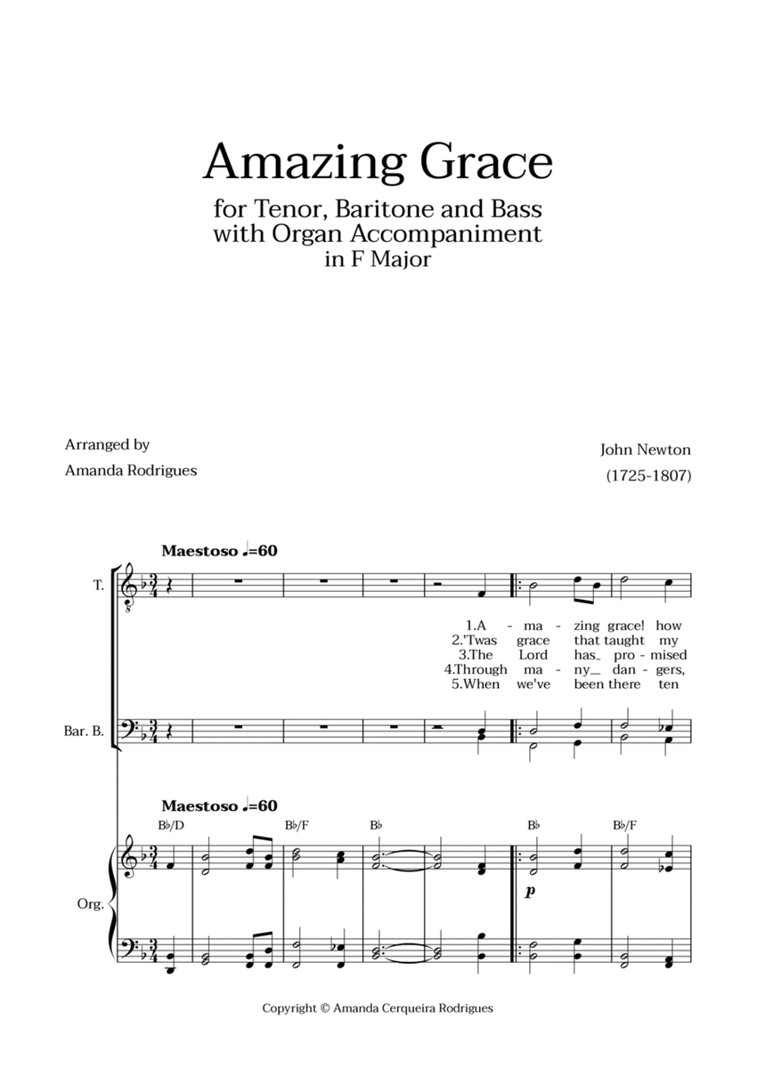 Amazing Grace in F Major - Tenor, Bass and Baritone with Organ Accompaniment and Chords image number null