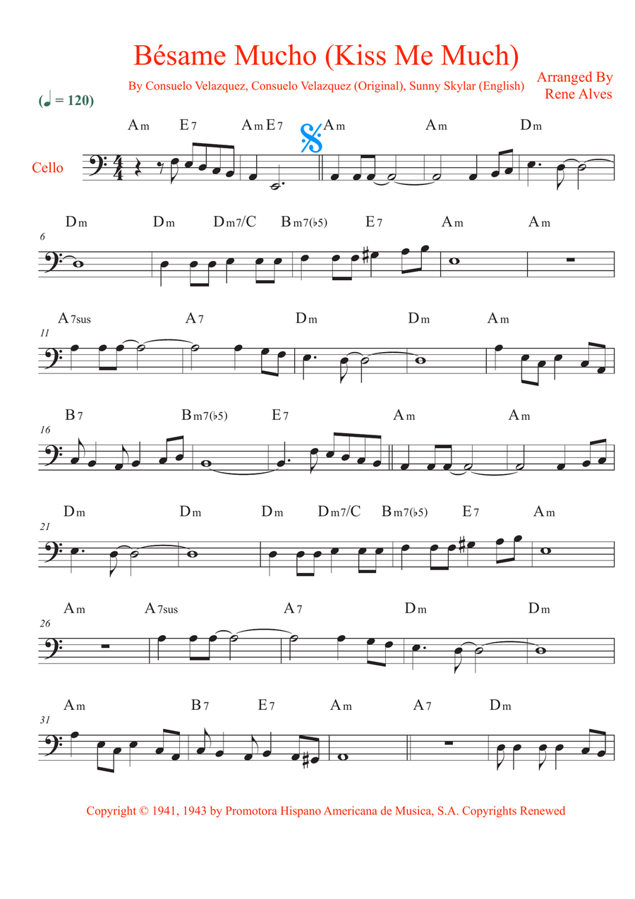 Bésame Mucho (Kiss Me Much) Cello Solo scores gallery preview page 1