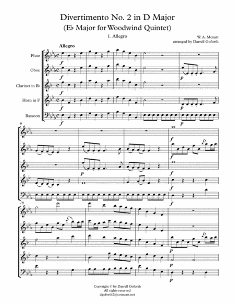 Mozart: Divertimento No. 2 in D Major (in E-flat for Woodwind Quintet) Woodwind Quintet scores gallery preview page 2