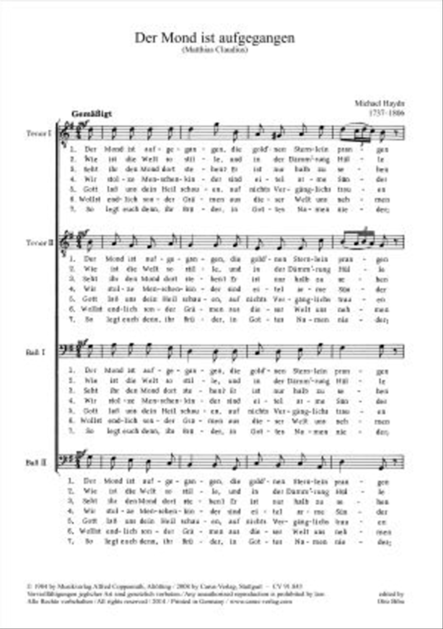 The silvery moon is beaming (Der Mond ist aufgegangen) TTBB scores gallery preview page 1