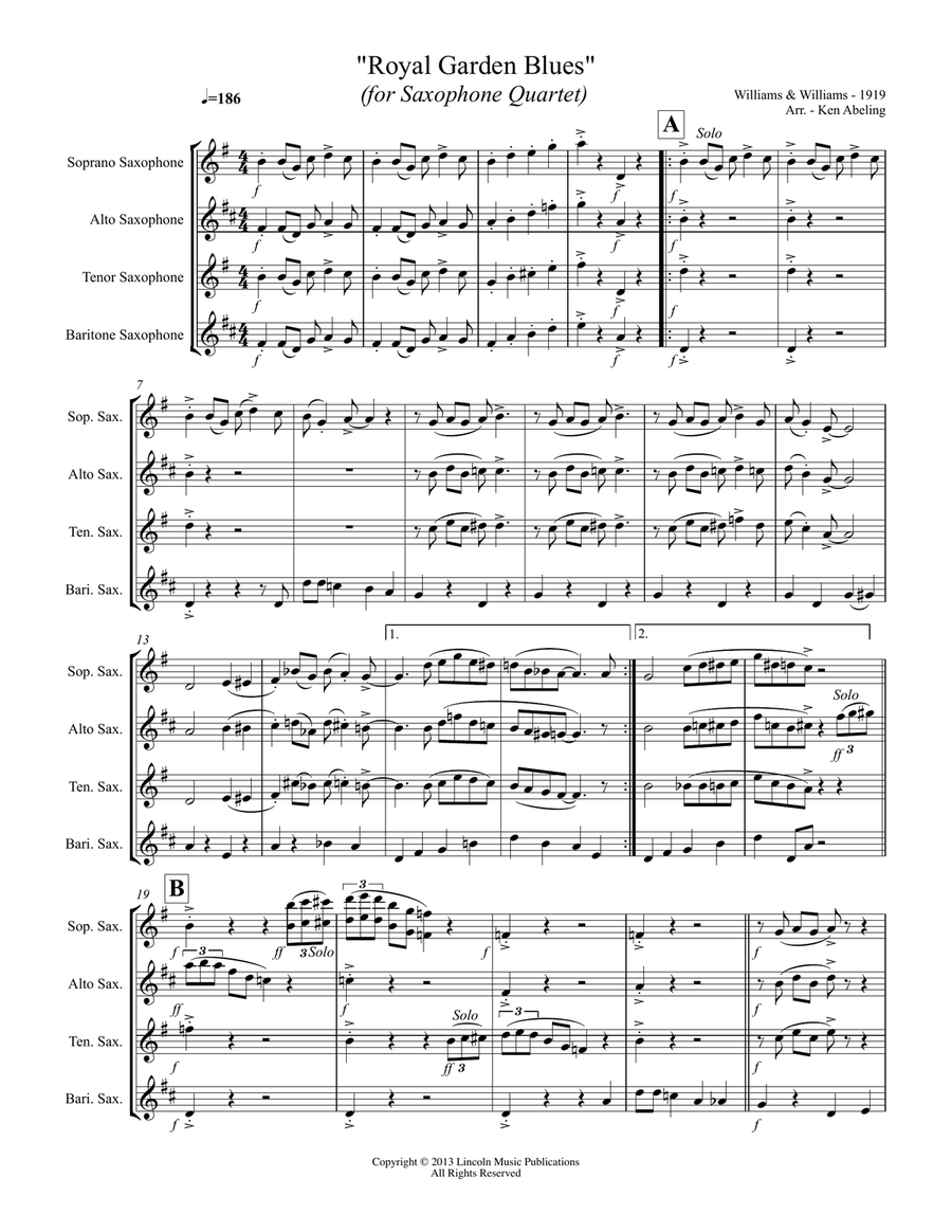Royal Garden Blues (for Saxophone Quartet SATB or AATB) Saxophone Quartet scores gallery preview page 2