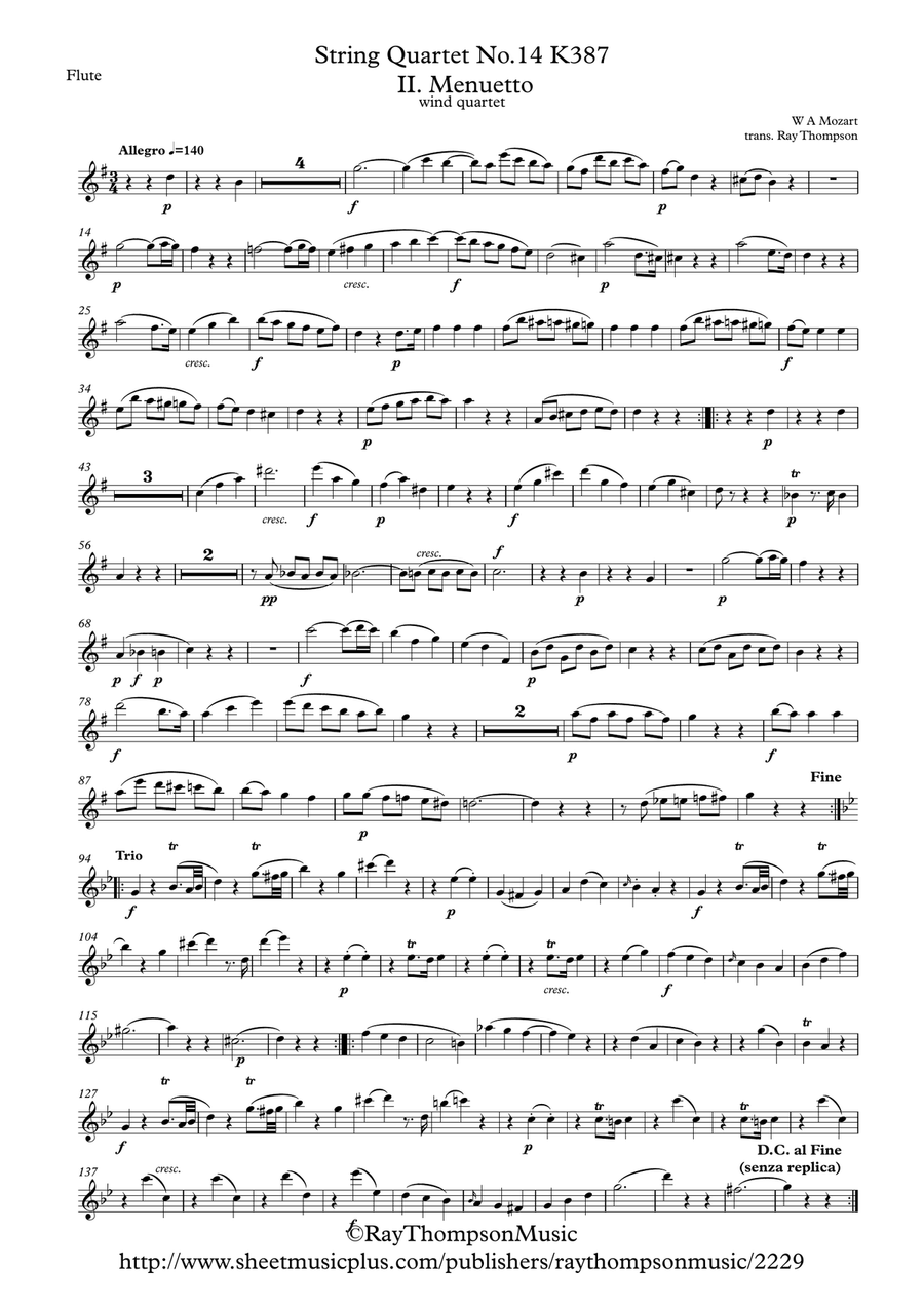 Mozart: String Quartet No.14 in C major K.387 (Spring) (Mvt.II Menuetto and Trio) - wind quartet Woodwind Quartet scores gallery preview page 4