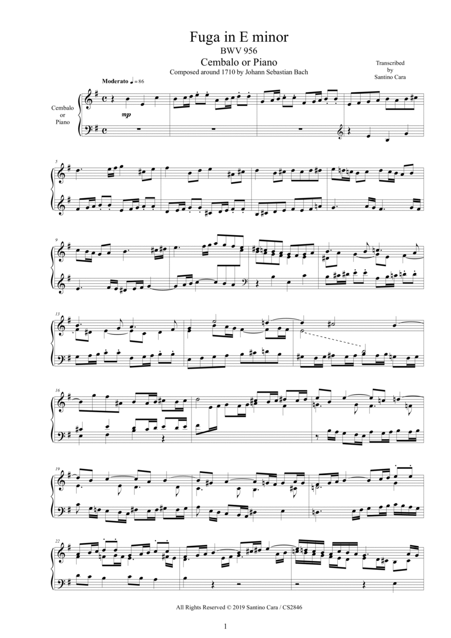Bach - Fugue in E minor BWV 956 for Harpsichord or Piano Bach - Fugue in E minor BWV 956 for Harpsichord or Piano Harpsichord scores gallery preview page 1