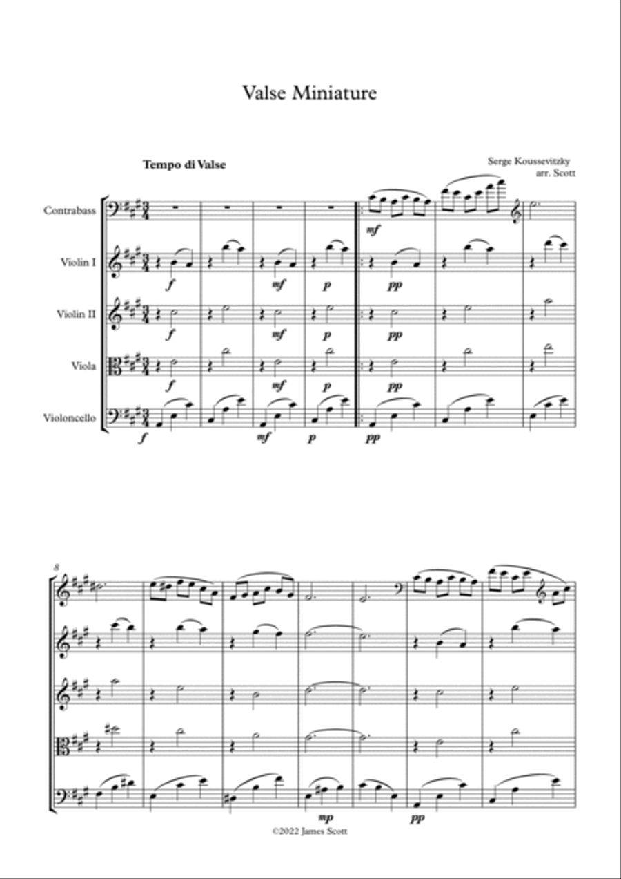 Valse Miniature arranged for double bass in solo tuning and string quartet/string orchestra. String Quartet scores gallery preview page 2