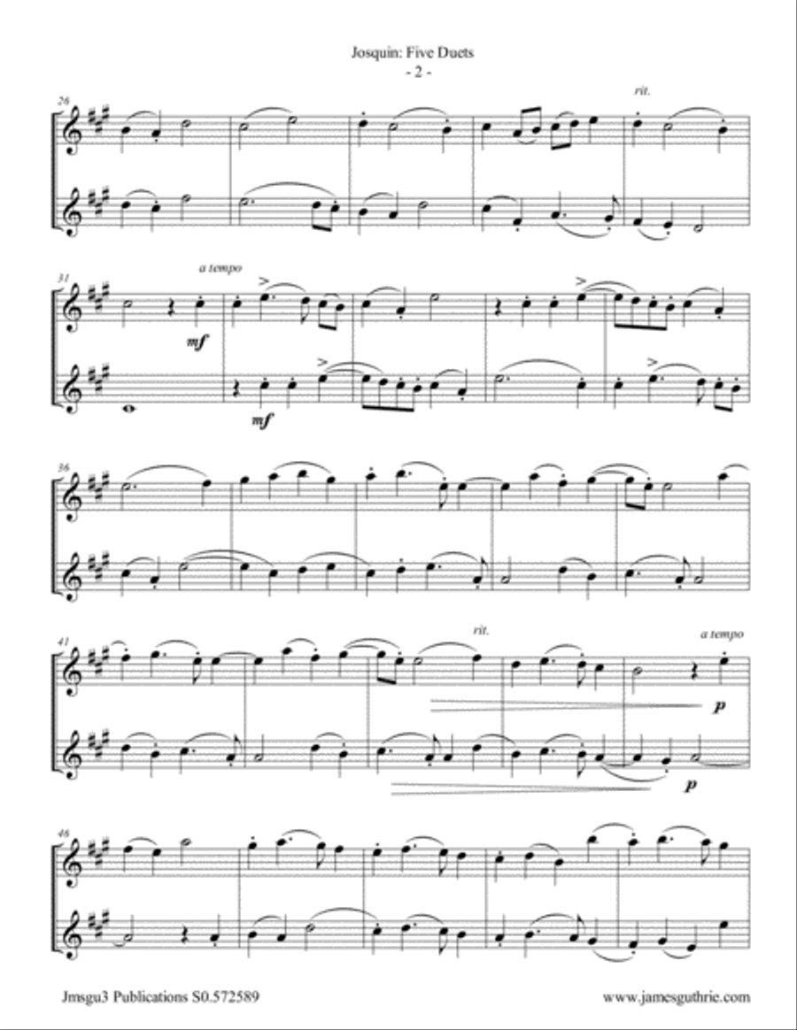 Josquin: Five Duets for Eb Sax Duo Woodwind Duet scores gallery preview page 2