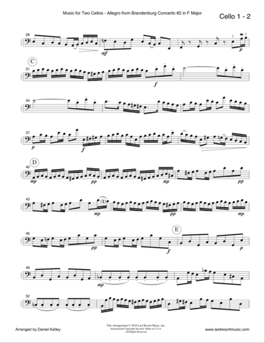 Allegro from Brandenburg Concerto #2 in F Major for Cello Duet (Music for Two Cellos) String Duet scores gallery preview page 4