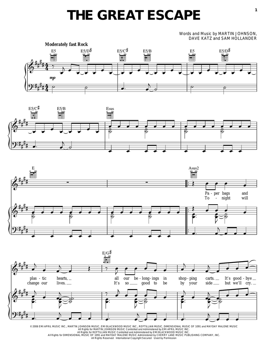 The Great Escape The Great Escape Piano, Vocal, Guitar scores gallery preview page 1