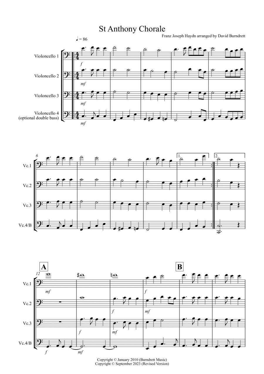 St Anthony Chorale for Cello Quartet Cello Solo scores gallery preview page 1