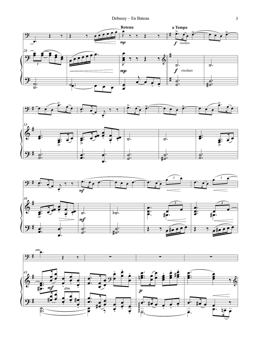 En Bateau from Petite Suite for Tuba or Bass Trombone and Piano, arr. by Ralph Sauer Bass Trombone scores gallery preview page 3