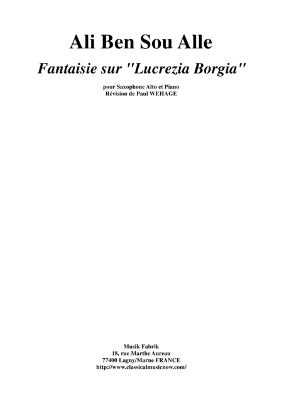 Book cover for Ali Ben Sou Alle:Fantaisie sur "Lucrezia Borgian" for alto saxophone and piano