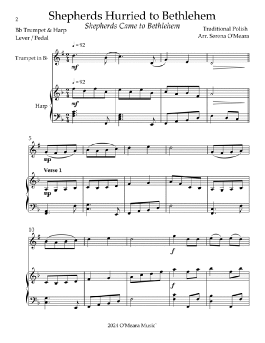 Shepherds Hurried to Bethlehem, Duet for Bb Trumpet & Harp Trumpet Duet scores gallery preview page 2