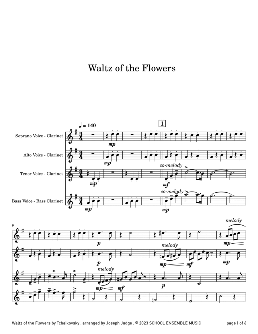 Waltz Of The Flowers by Tchaikovsky for Clarinet Quartet in Schools Clarinet Quartet scores gallery preview page 1