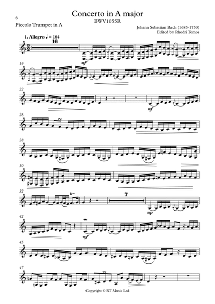 Bach BWV1055R Concerto in A major. Solo sheet music Oboe d'amore & trumpets