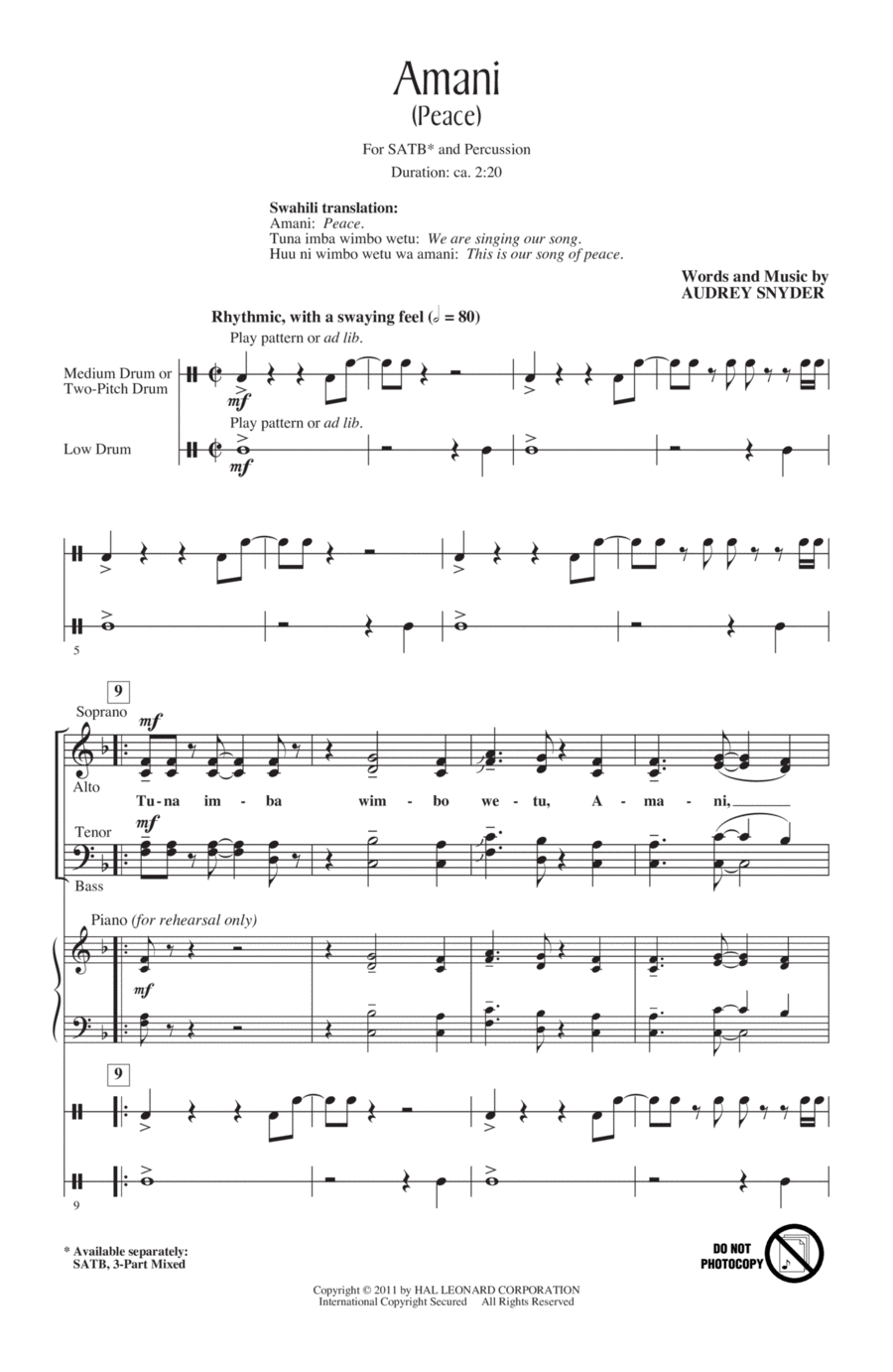 Amani (Peace) 4-Part scores gallery preview page 1