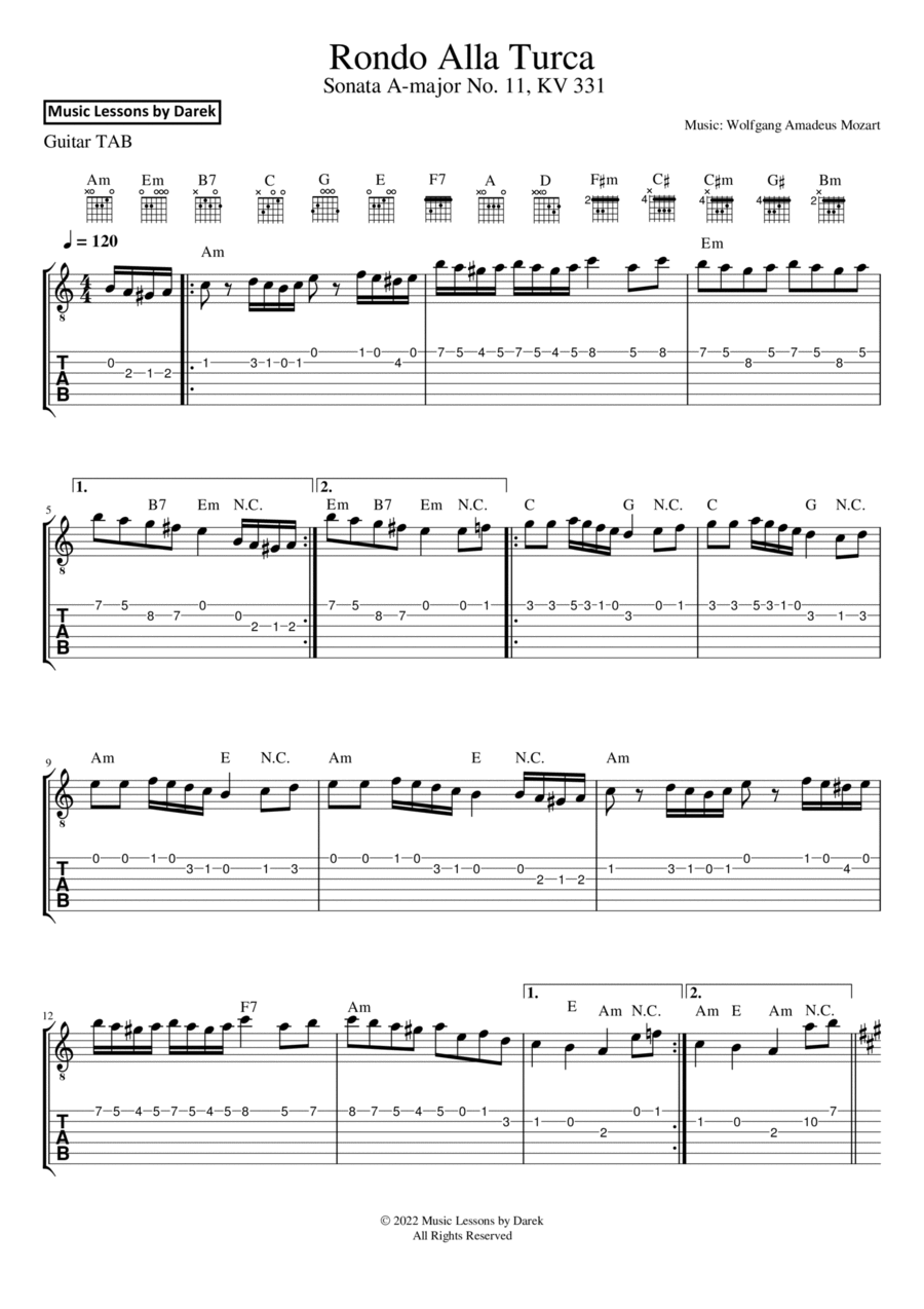 Rondo Alla Turca (GUITAR TAB) Sonata A-major No. 11, KV 331 [Wolfgang Amadeus Mozart] FULL SONG! Acoustic Guitar scores gallery preview page 1