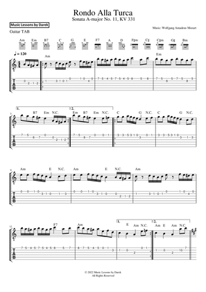 Book cover for Rondo Alla Turca (GUITAR TAB) Sonata A-major No. 11, KV 331 [Wolfgang Amadeus Mozart] FULL SONG!