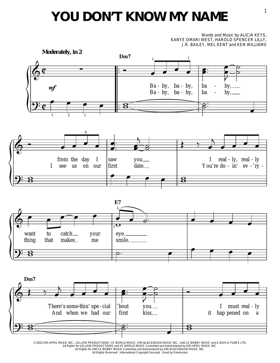 You Don't Know My Name Easy Piano scores gallery preview page 1