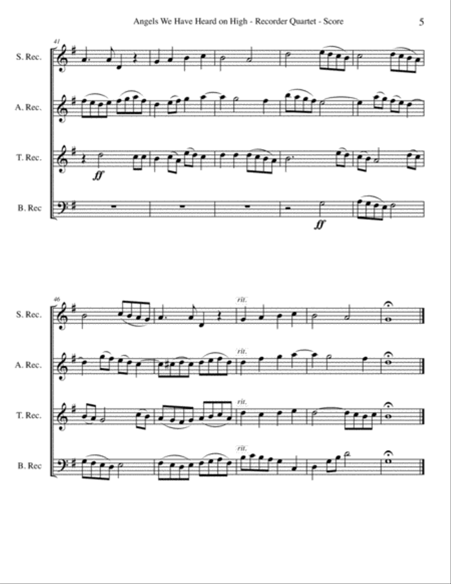 Angels We Have Heard on High for Recorder Quartet Small Ensemble scores gallery preview page 5