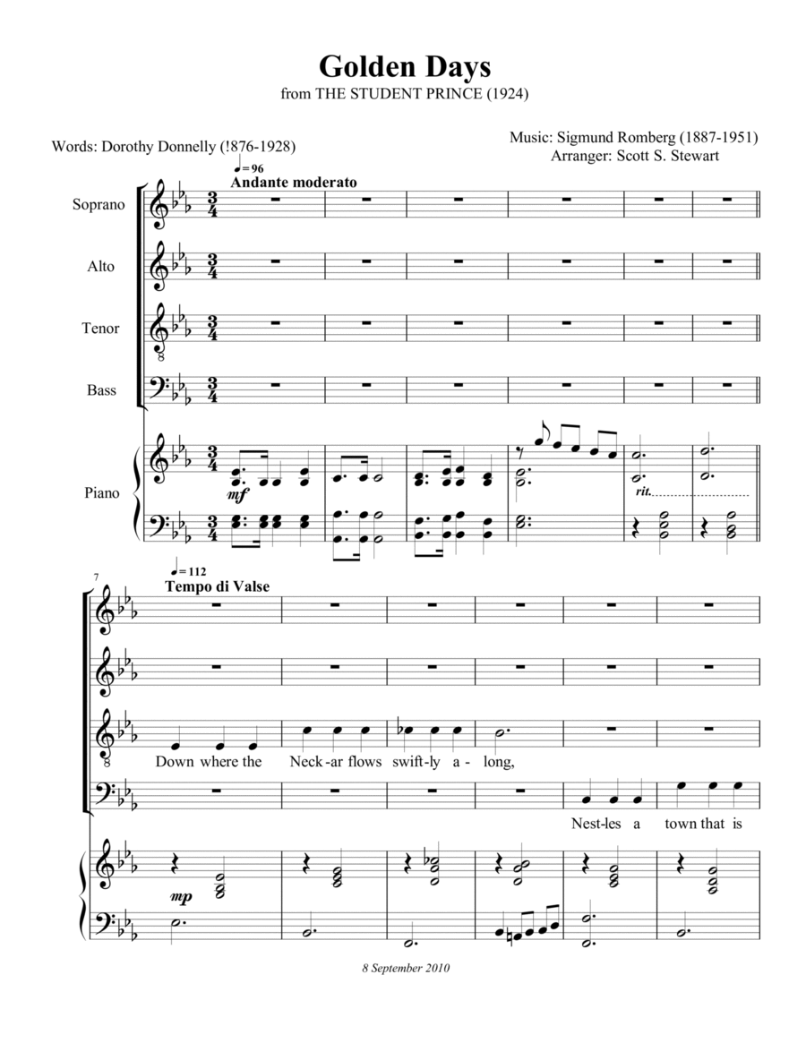 Golden Days, The Student Prince 4-Part scores gallery preview page 1