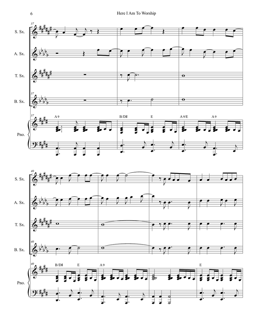 Here I Am To Worship Saxophone Quartet scores gallery preview page 6