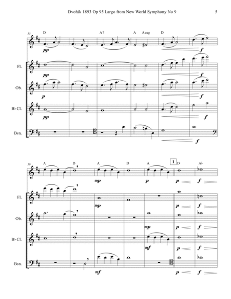 Dvorak 9 Largo Score Parts Leadsheet for Mixed Woodwind Quartet