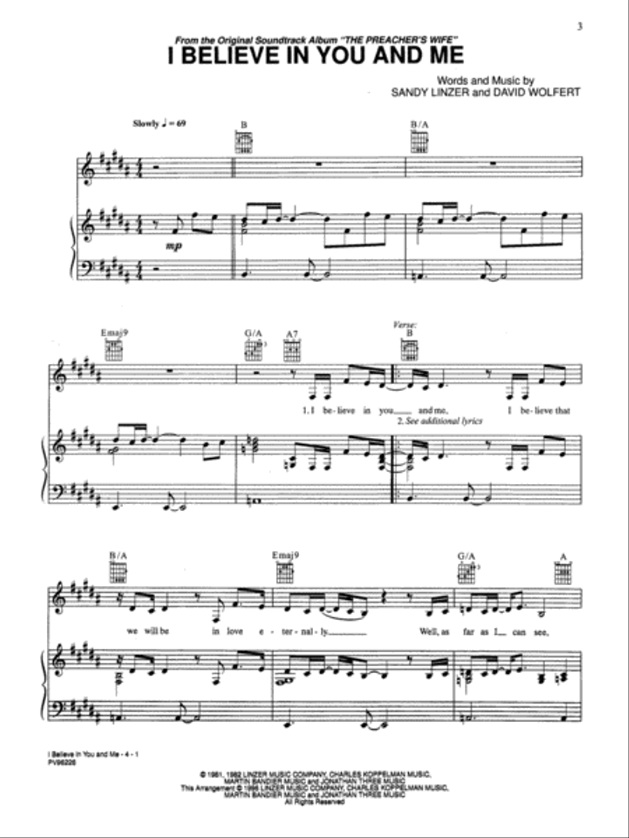 I Believe in You and Me (from The Preacher's Wife) Piano, Vocal, Guitar scores gallery preview page 1