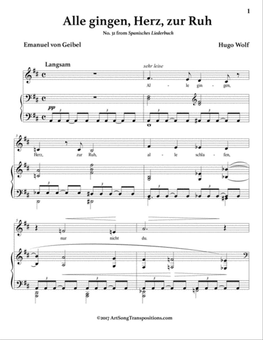 WOLF: Alle gingen, Herz, zur Ruh (transposed to D major)