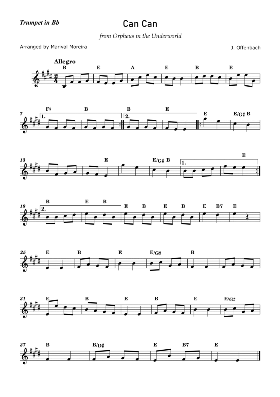 Can Can - J. Offenbach - Trumpet in Bb solo (with chords) B-Flat Trumpet scores gallery preview page 1