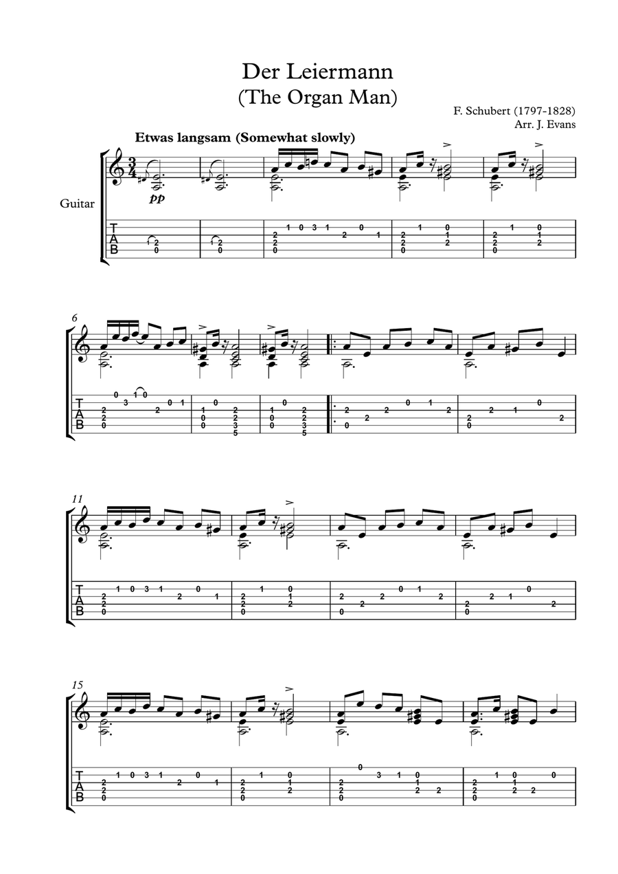 Schubert, Der Leiermann - solo guitar Classical Guitar scores gallery preview page 1