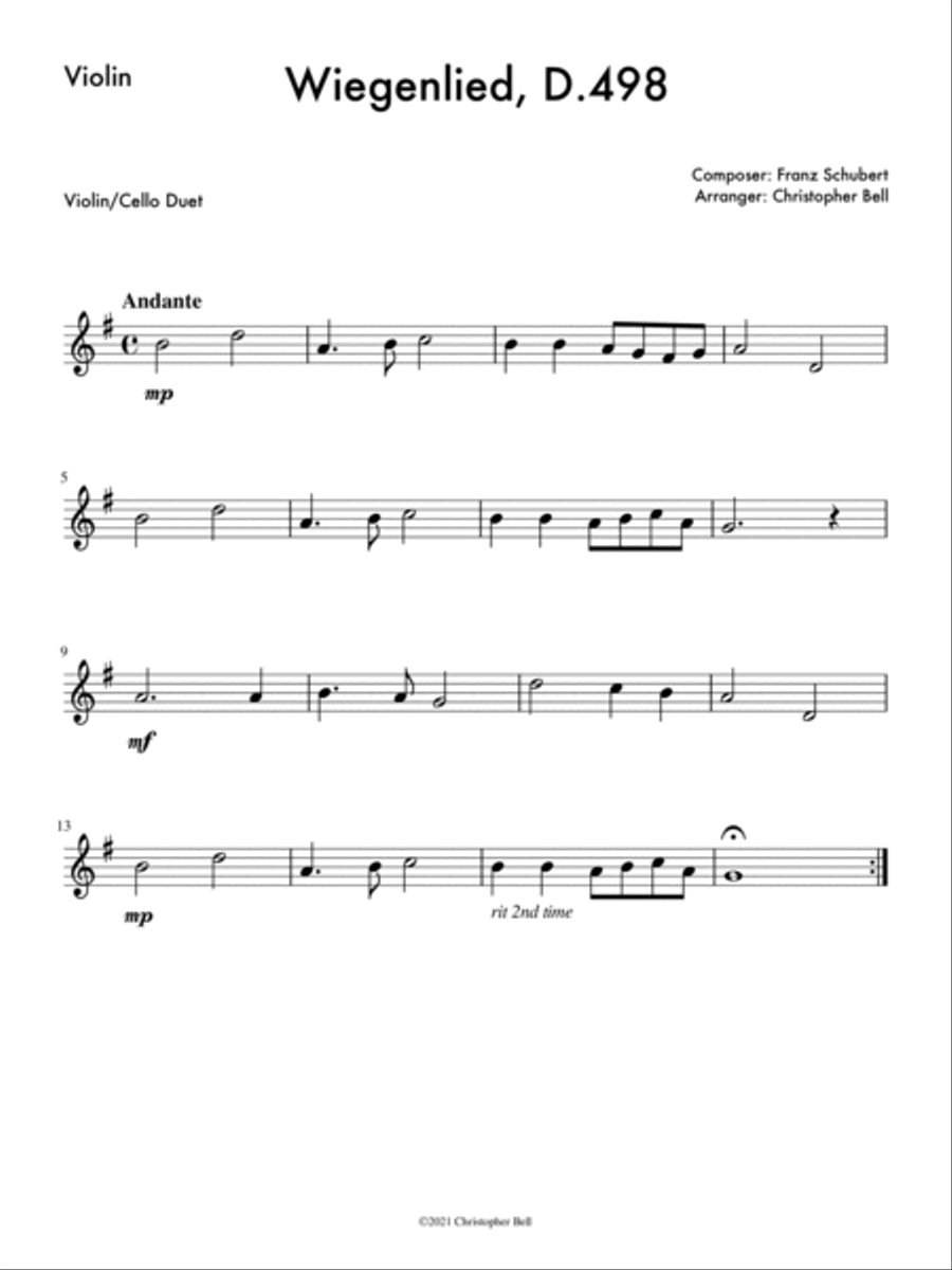 Wiegenlied, D.498 - Easy Violin/Cello Duet String Duet scores gallery preview page 2