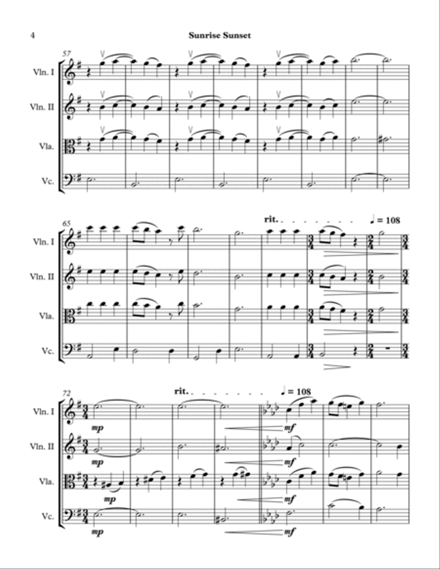 Sunrise, Sunset Sunrise, Sunset String Quartet scores gallery preview page 4