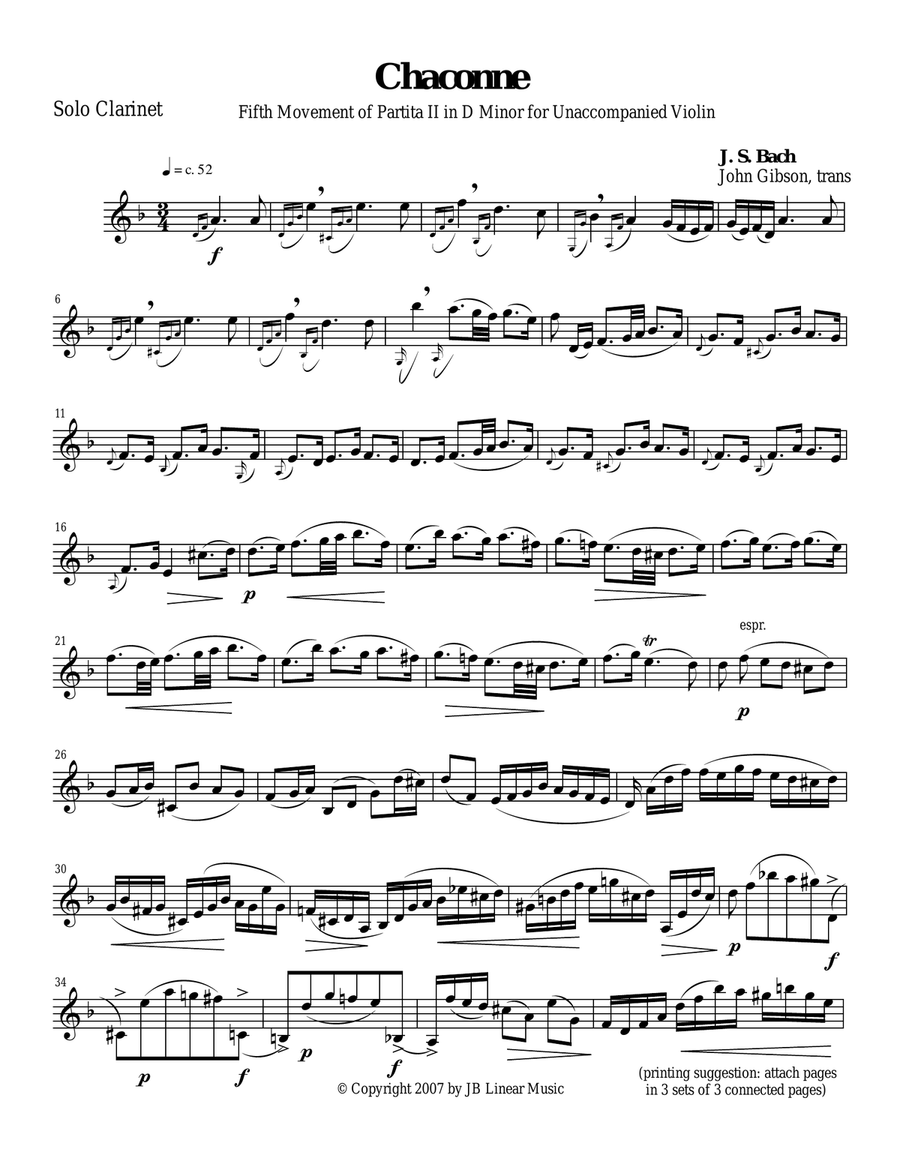 Bach Chaconne for solo (unaccompanied) clarinet Clarinet Solo scores gallery preview page 1