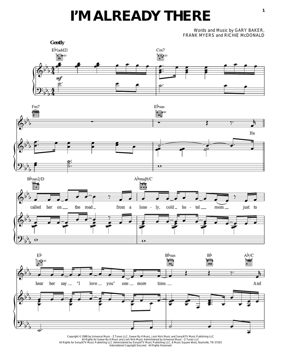 I'm Already There Piano, Vocal, Guitar scores gallery preview page 1