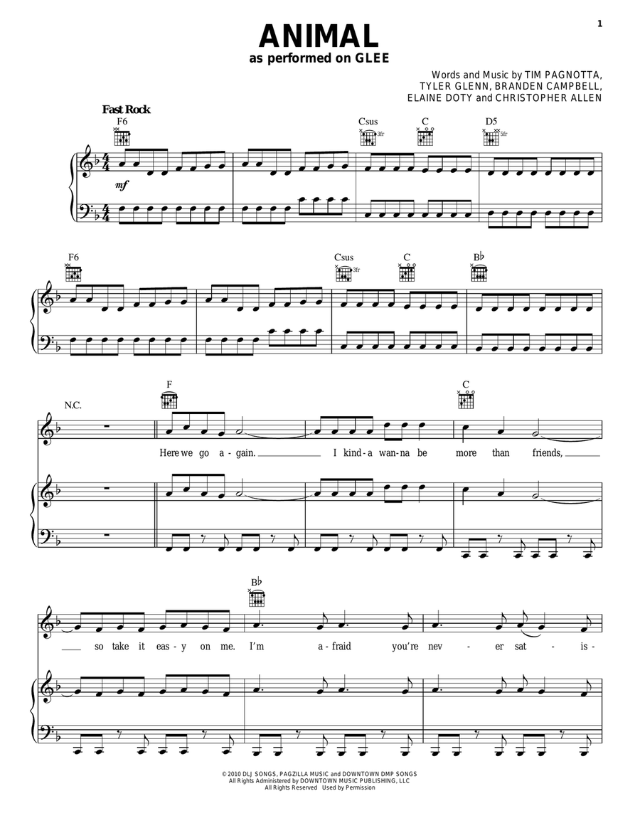 Animal Animal Piano, Vocal, Guitar scores gallery preview page 1
