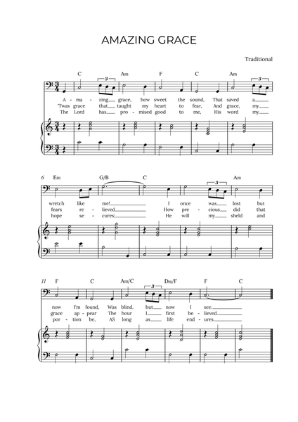AMAZING GRACE - for piano and baritone in C major with chords image number null