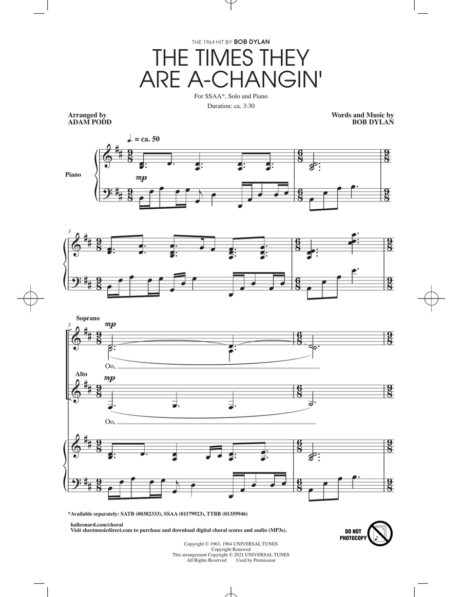 Book cover for The Times They Are A-Changin' (arr. Adam Podd)