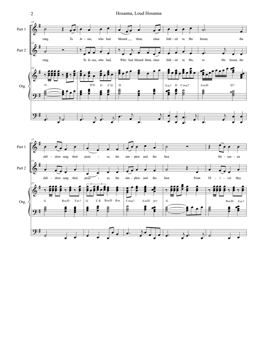 Hosanna, Loud Hosanna (2-part choir - Organ accompaniment) 2-Part scores gallery preview page 2