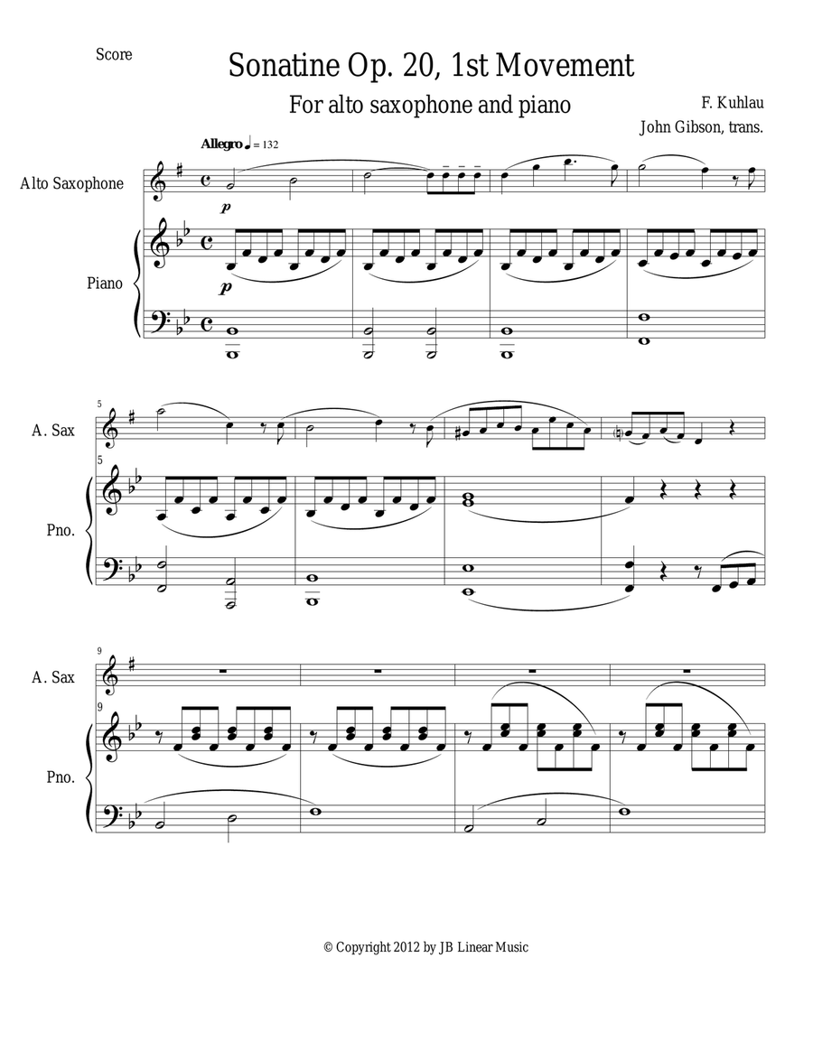 Sonatine by Kuhlau for Alto Sax and Piano Alto Saxophone scores gallery preview page 1