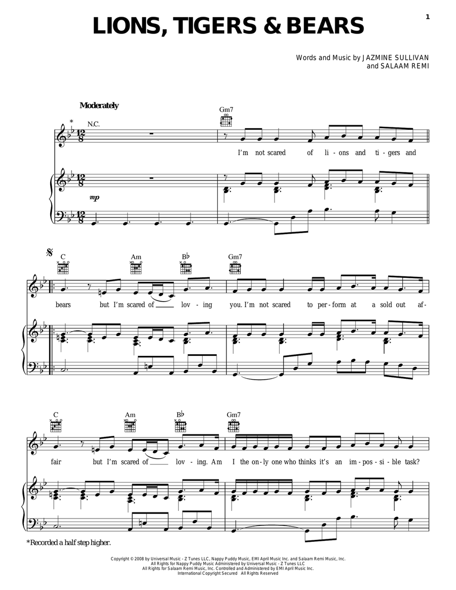 Lions, Tigers & Bears Lions, Tigers & Bears Piano, Vocal, Guitar scores gallery preview page 1
