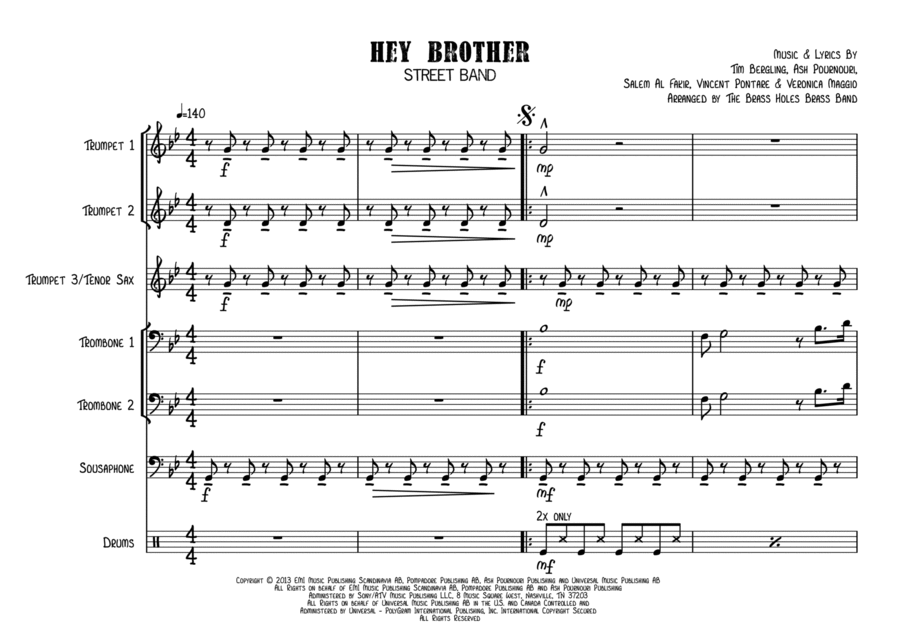 Hey Brother Hey Brother Brass Ensemble scores gallery preview page 1