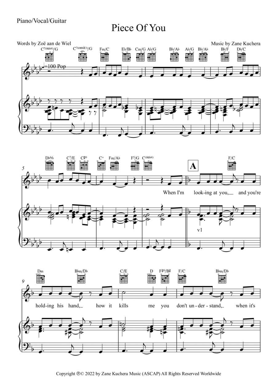 Piece Of You Piano, Vocal, Guitar scores gallery preview page 1