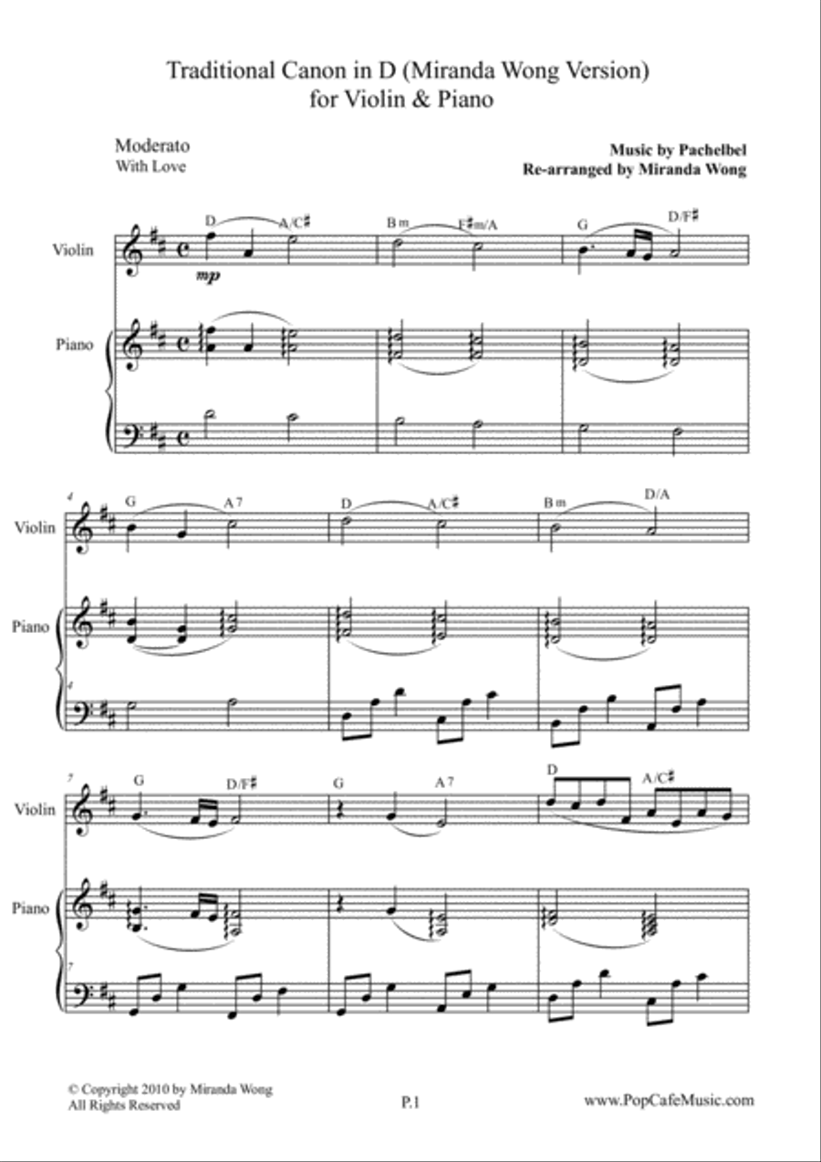 Traditional Canon in D for Violin & Piano Violin Solo scores gallery preview page 1
